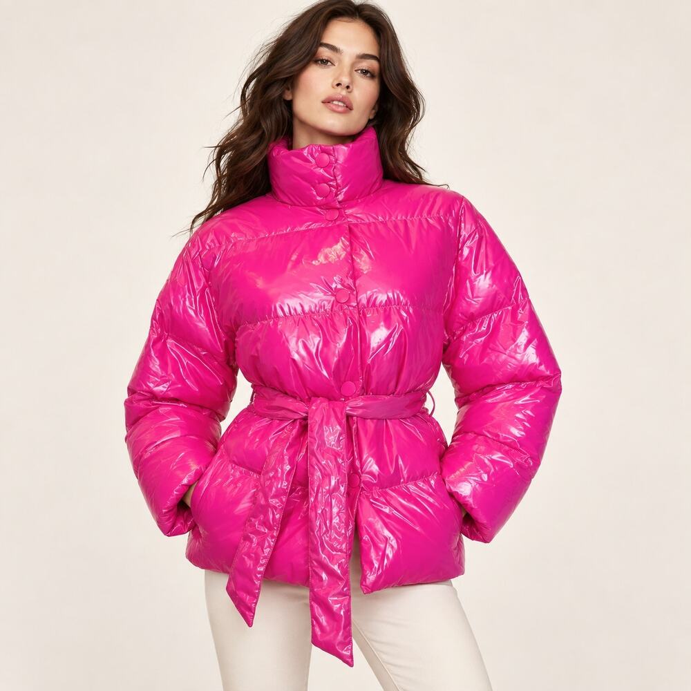 Who What Wear Hot Pink Glossy Patent Belted Puffer Jacket Small NWOT